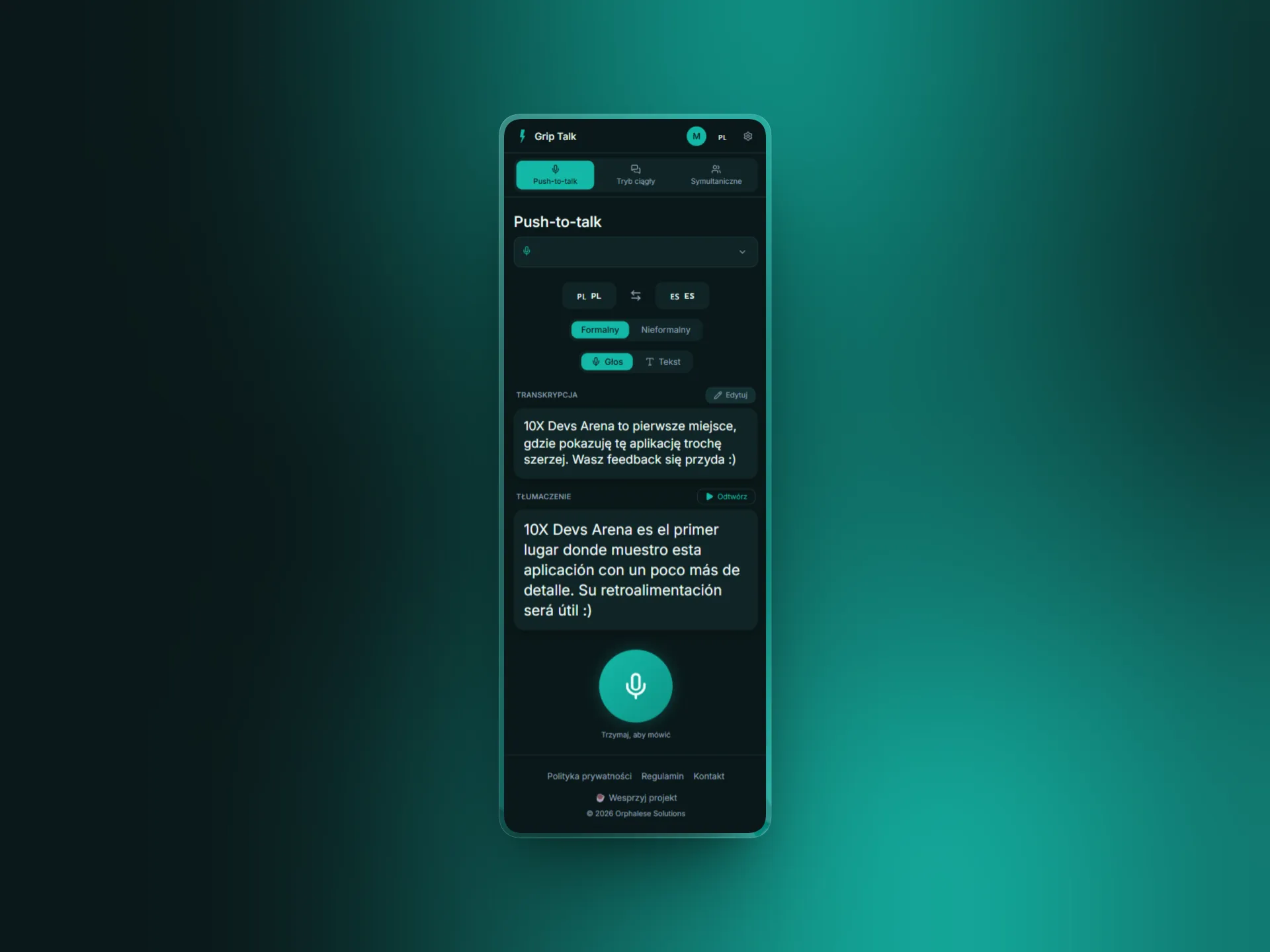 Ekran Grip Talk na telefonie w trybie push-to-talk: języki polski i hiszpański, ton formalny, transkrypcja wypowiedzi po polsku, jej tłumaczenie na hiszpański i przycisk mikrofonu.