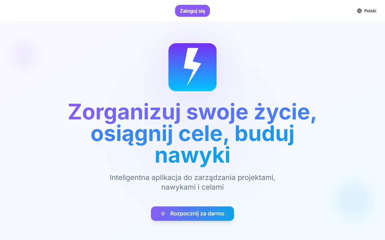 Pierwszy ekran strony gripit.app: ikona aplikacji, nagłówek „Zorganizuj swoje życie, osiągnij cele, buduj nawyki”, podtytuł i przycisk „Rozpocznij za darmo”.